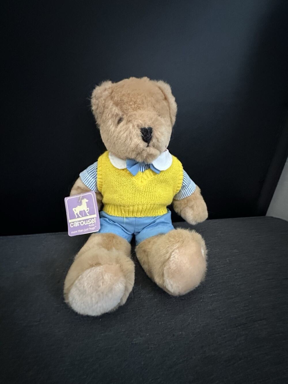Vintage 1985 Carousel by Guy TIGER Teddy Bear 11” Yellow Sweater Blue Shorts Tag